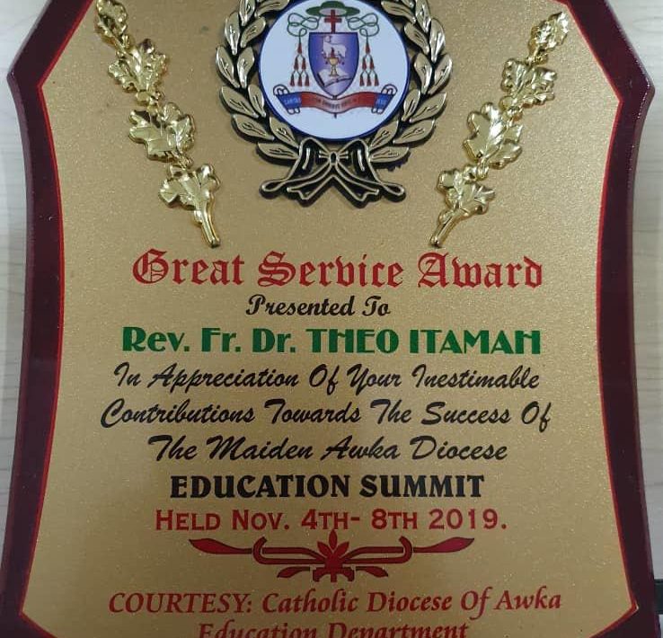Great Service Award by Awka Diocese Education Department