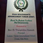 Esan Descents Advancement Forum has presented Rev. Fr. Itaman the Award for Academic Excellence and Entrepreneurship, 2022